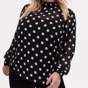 COPY - Torrid BLACK SHEER CHIFFON POLKA DOT SMOCKED MOCK NECK BLOUSE